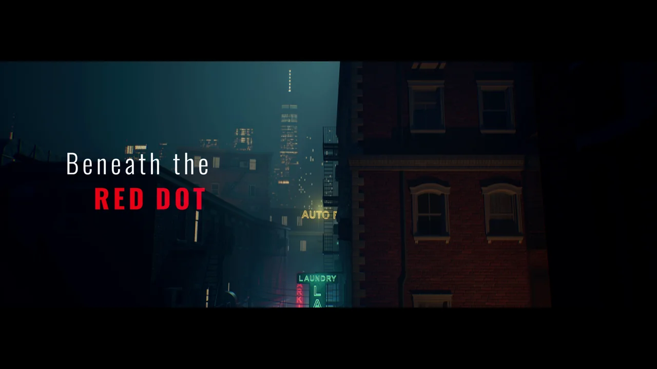 Beneath the Red Dot title against a rain-darkened city street, lit in teal and crimson.